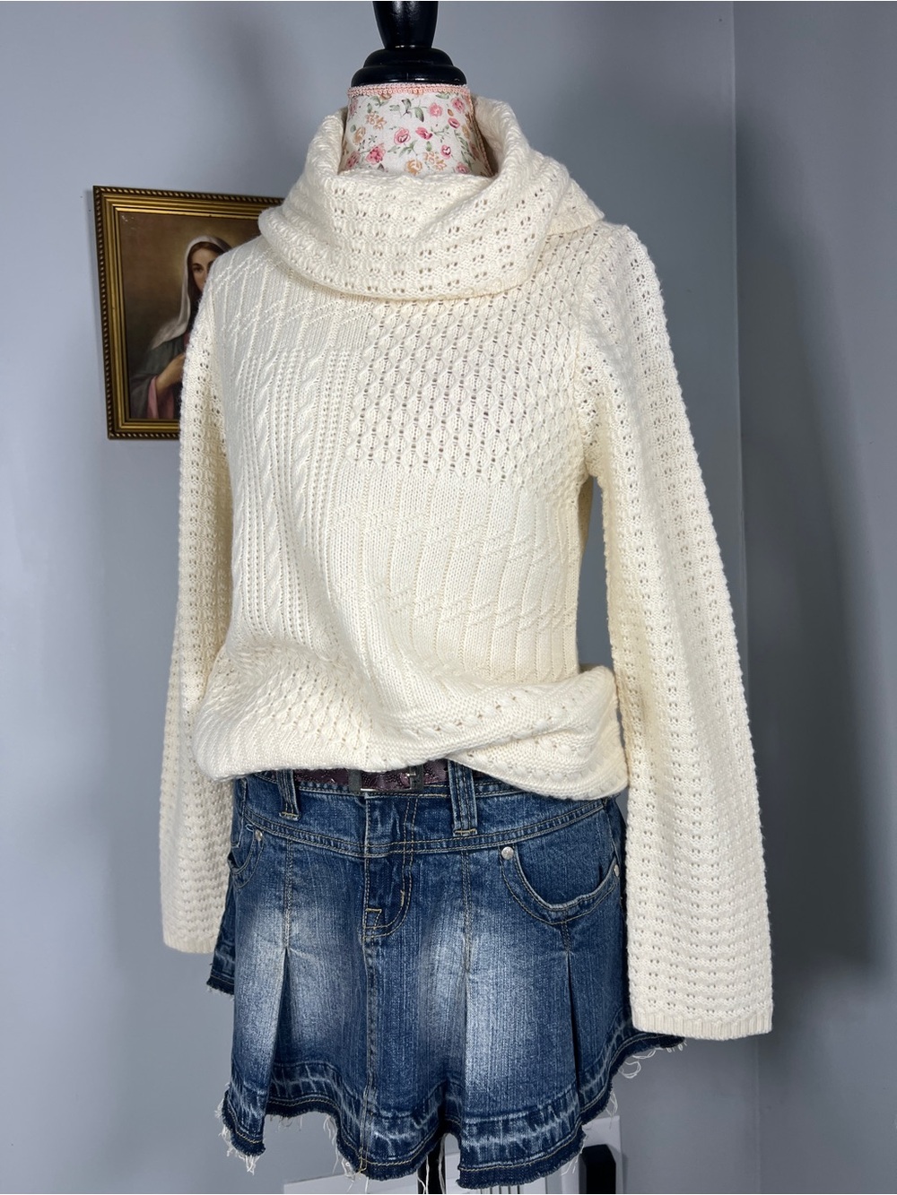 Liz Claiborne Women Ivory Turtleneck Cable Knit Sweater Large